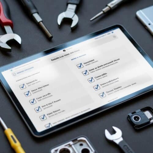 Digital tablet displaying website tools checklist, surrounded by repair tools and smartphones on black surface, tech and maintenance concept, high-resolution image.