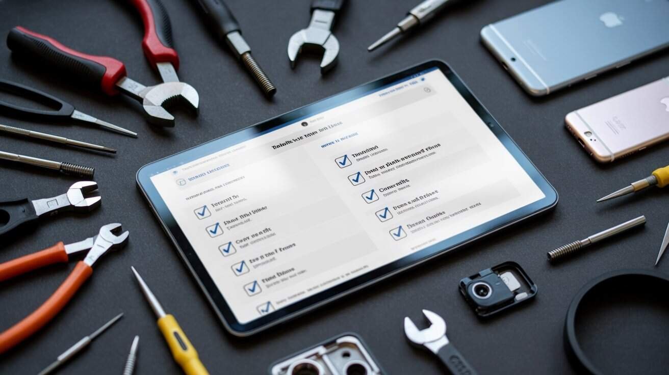Digital tablet displaying website tools checklist, surrounded by repair tools and smartphones on black surface, tech and maintenance concept, high-resolution image.