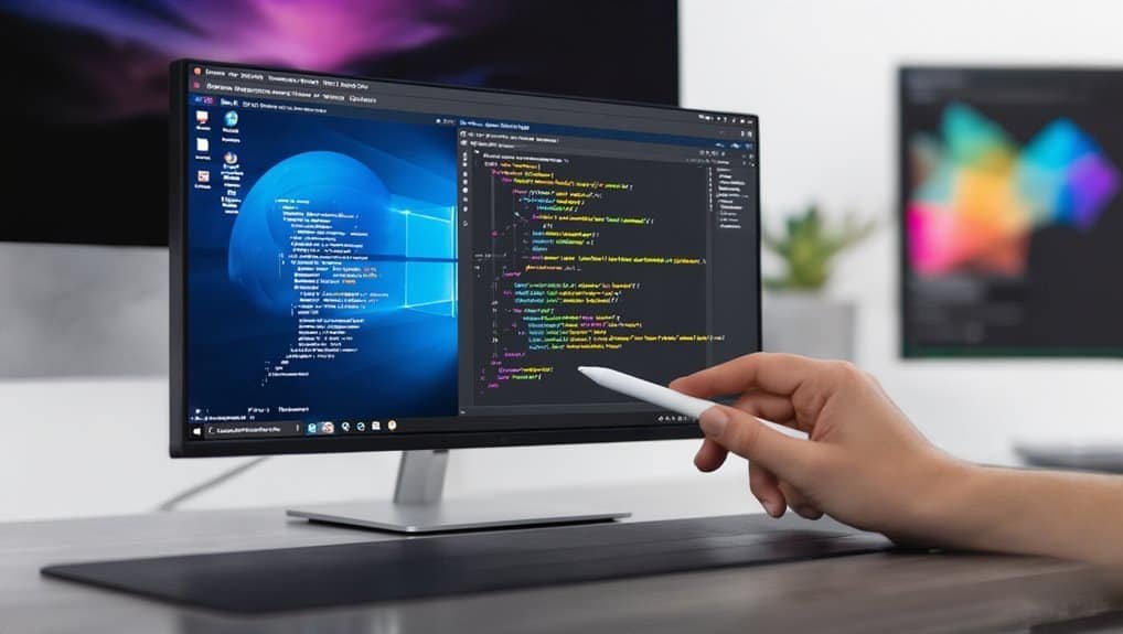 Code editing on a desktop computer with a stylus, showing coding language on the screen, in a modern workspace setting.