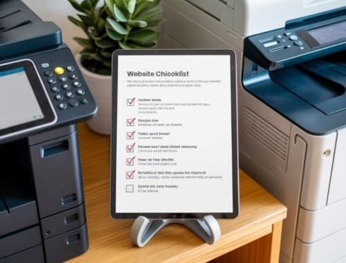 SEO-Friendly Alt Text: Modern office workspace with multifunction printers and a tablet displaying a website checklist for efficient business management.