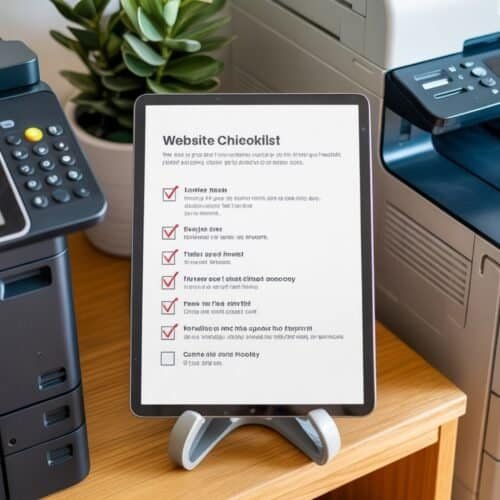 SEO-Friendly Alt Text: Modern office workspace with multifunction printers and a tablet displaying a website checklist for efficient business management.