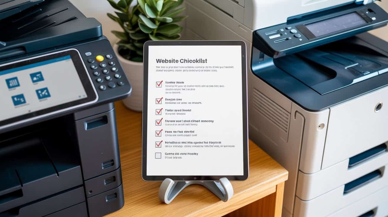 Website Checklist for Printing and Photocopy Shop 1 SEO-Friendly Alt Text: Modern office workspace with multifunction printers and a tablet displaying a website checklist for efficient business management.