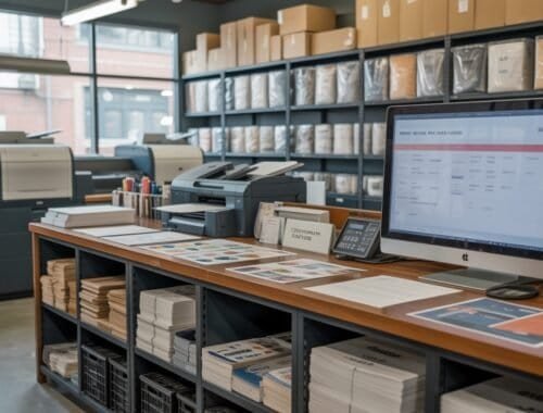 High-resolution image of a modern printing office workspace with computers, printers, and shelves filled with printed materials and documents.