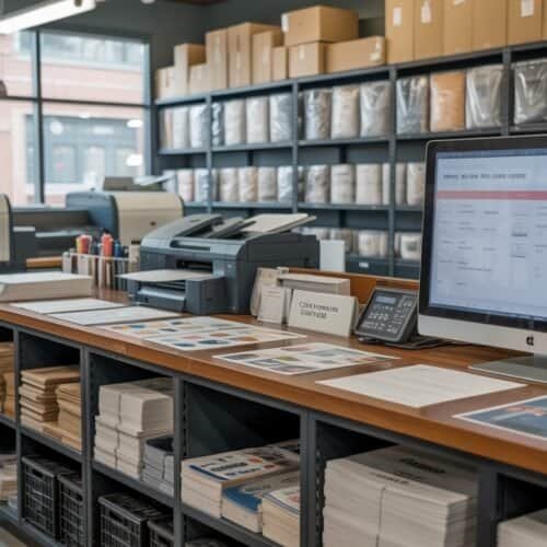 High-resolution image of a modern printing office workspace with computers, printers, and shelves filled with printed materials and documents.
