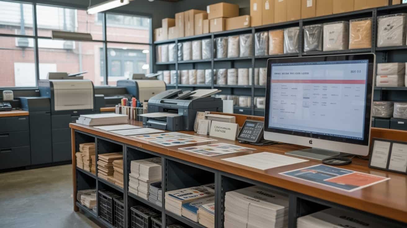 High-resolution image of a modern printing office workspace with computers, printers, and shelves filled with printed materials and documents.