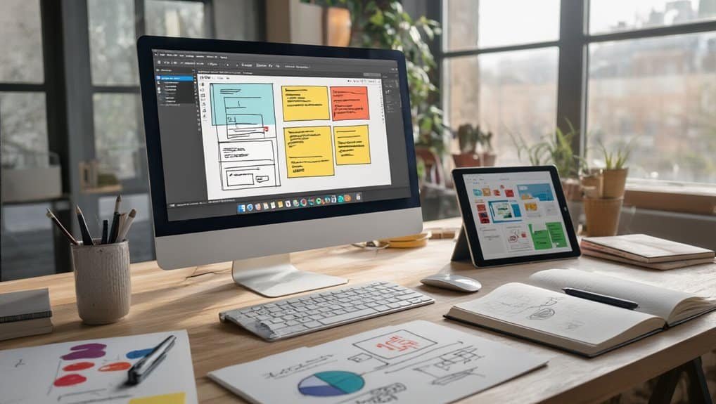 7 Essential Website Development Tools for Your Business 3 Website design tools displayed on an iMac and tablet on a wooden desk, surrounded by sketches, notebooks, and pens. Bright, modern workspace with large windows, ideal for creative digital projects and web development.