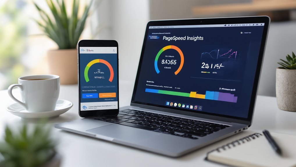 PageSpeed Insights metrics displayed on a laptop and smartphone screen, highlighting website performance analytics.