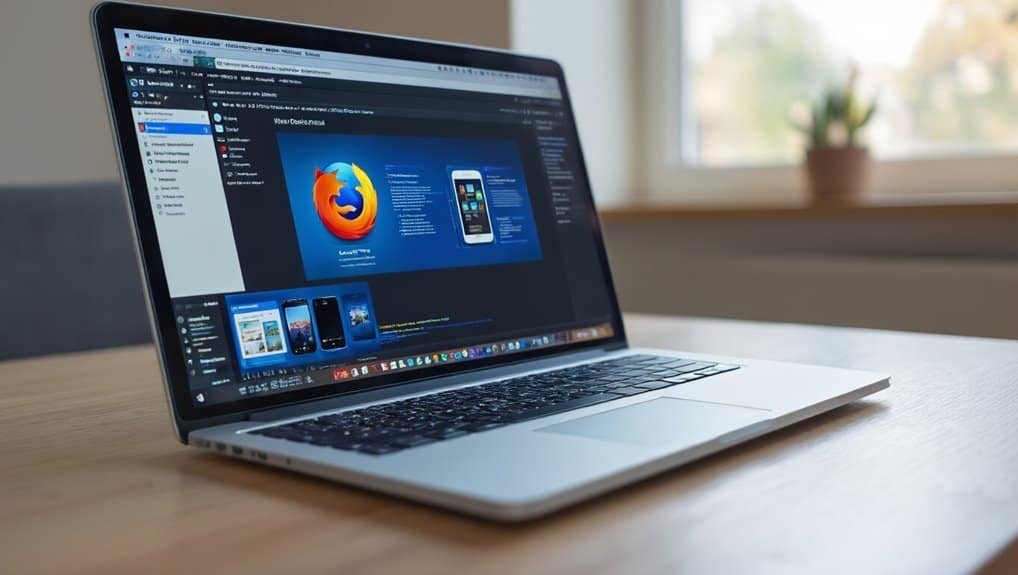 Firefox logo on laptop screen, website development, web design tools, software interface, technology, internet browsing, computer screen, digital workspace, modern tech device, online tools for website building, software applications, mobile and desktop compatibility, web development software, user-friendly interface, programming and coding, digital innovation, web management tools, technology workspace, modern web tools, online application interface, best website tools.