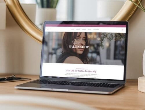 Woman browsing beauty salon website on laptop at home, interior decor, modern workspace, digital marketing tools, beauty industry online presence, website design for salons, stylish workspace decor, website for beauty services, professional salon webpage, tools for creating salon websites, Your Trusted Guide to Website Tools & Products, R.