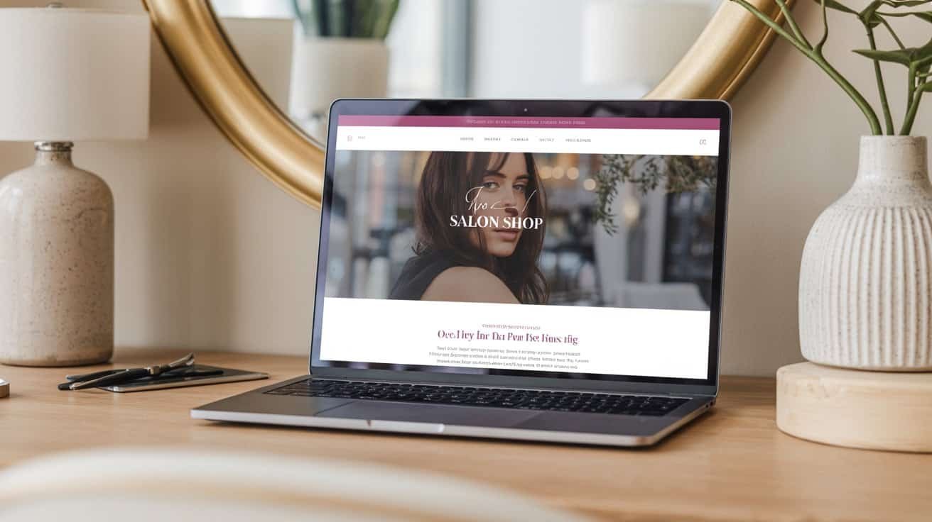 Woman browsing beauty salon website on laptop at home, interior decor, modern workspace, digital marketing tools, beauty industry online presence, website design for salons, stylish workspace decor, website for beauty services, professional salon webpage, tools for creating salon websites, Your Trusted Guide to Website Tools & Products, R.