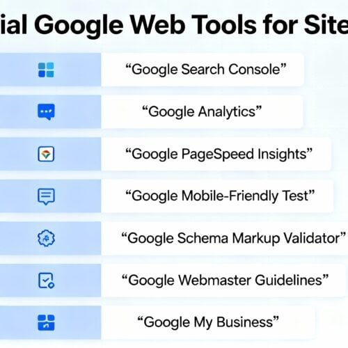 7 Essential Google Web Tools for Site Owners 10 Google Search Console icon and text listing essential tools for site owners.