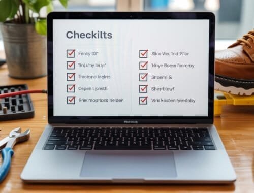Checklist on a laptop screen with tools and shoes nearby for website maintenance and design.