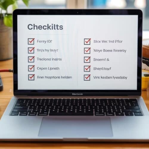 Checklist on a laptop screen with tools and shoes nearby for website maintenance and design.