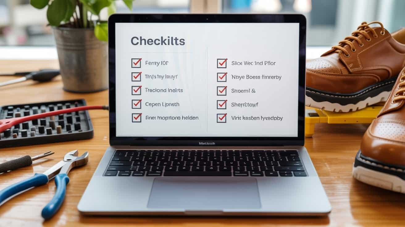 Checklist on a laptop screen with tools and shoes nearby for website maintenance and design.