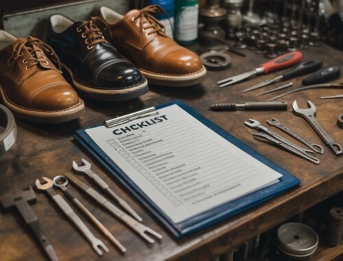 Stylish brown and black leather dress shoes on a workbench with assorted shoe repair tools, repair checklists, and equipment in a shoe repair shop setting.