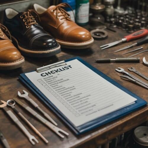 Website Checklist for Shoes Repair Shop 7 Stylish brown and black leather dress shoes on a workbench with assorted shoe repair tools, repair checklists, and equipment in a shoe repair shop setting.