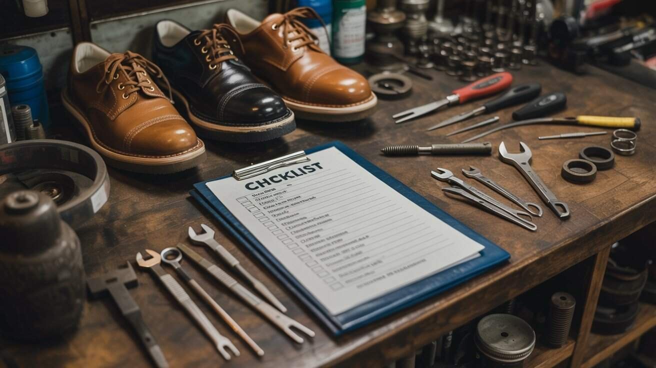 Website Checklist for Shoes Repair Shop 1 Stylish brown and black leather dress shoes on a workbench with assorted shoe repair tools, repair checklists, and equipment in a shoe repair shop setting.