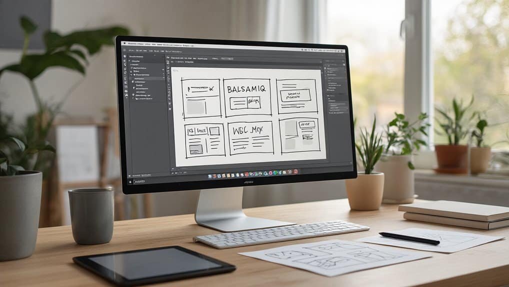 Design software interface displayed on a modern desktop monitor showcasing website wireframes and layouts.