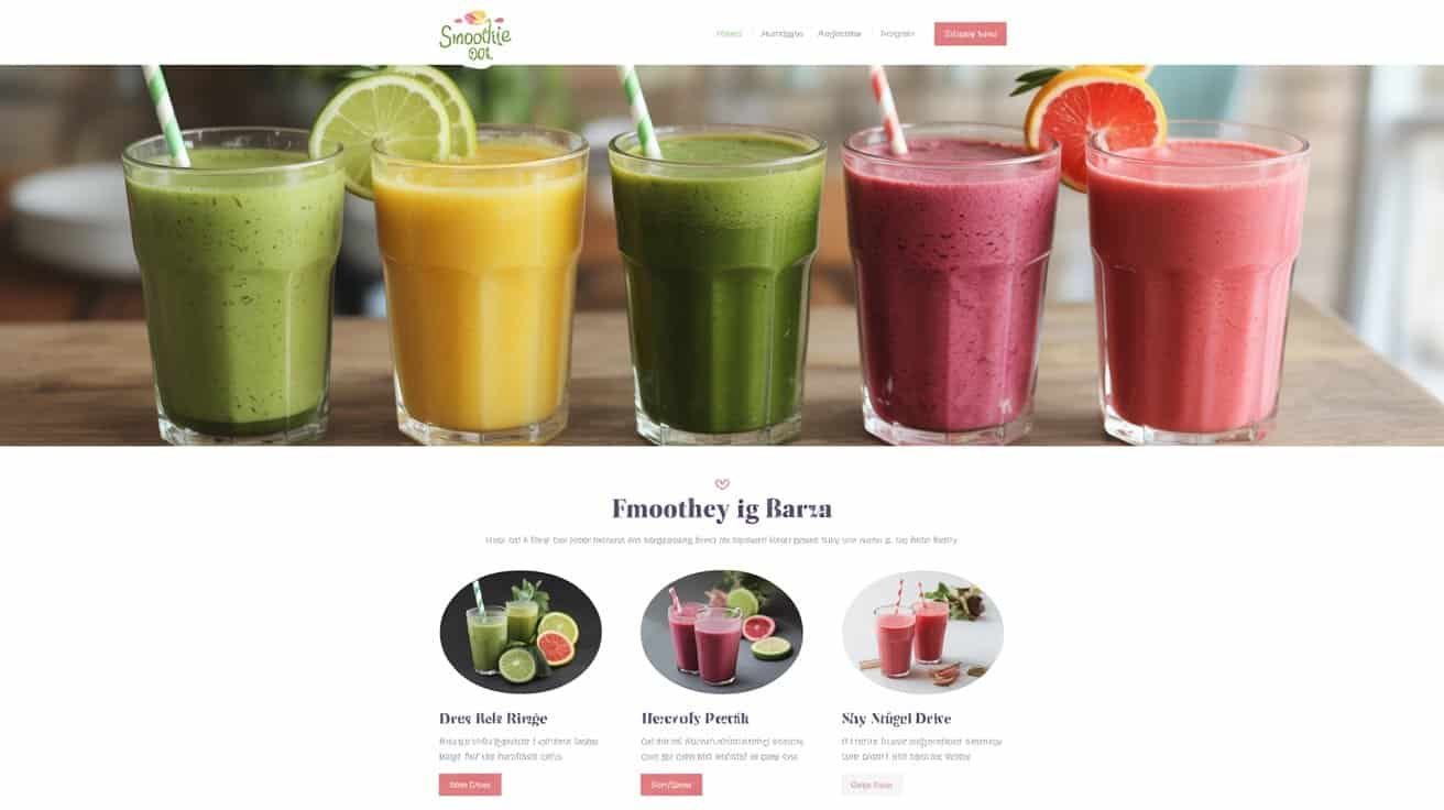 Website Checklist for Smoothie Bar 1 Fresh fruit smoothies with vibrant colors featuring green, yellow, pink, and red ingredients served in clear glasses with striped straws.
