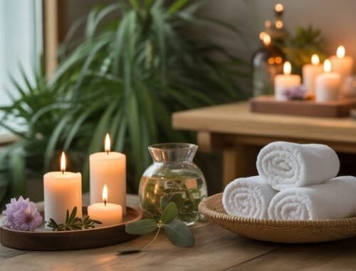 Relaxing spa setting with rolled white towels, lit candles, greenery, and tranquil decor creating a calming atmosphere.