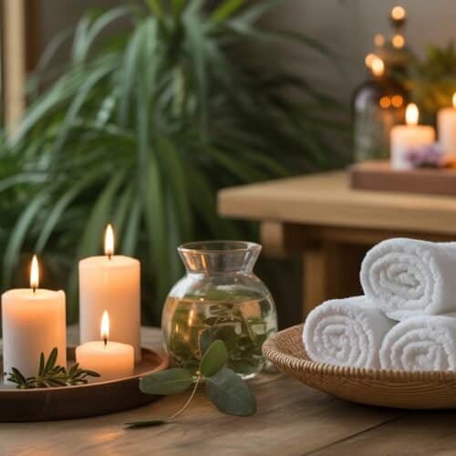 Website Checklist for Spa Therapy 6 Relaxing spa setting with rolled white towels, lit candles, greenery, and tranquil decor creating a calming atmosphere.