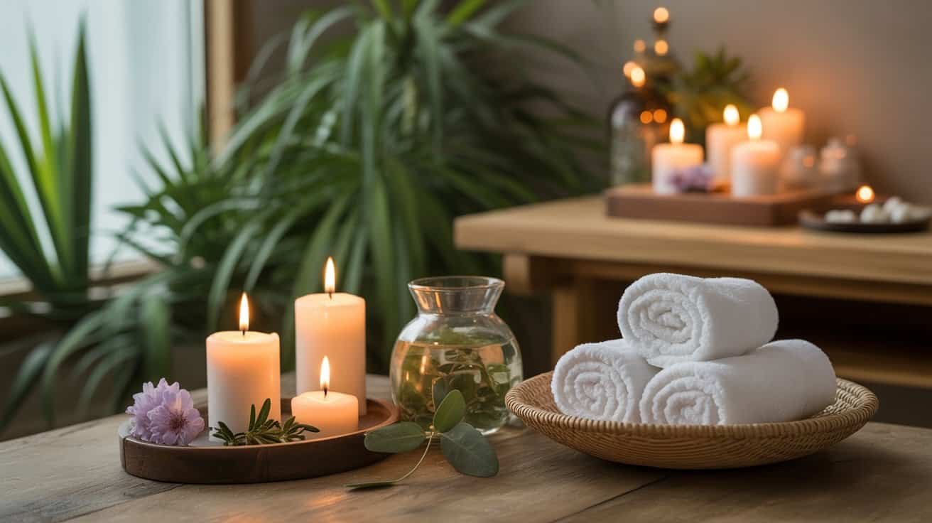 Relaxing spa setting with rolled white towels, lit candles, greenery, and tranquil decor creating a calming atmosphere.