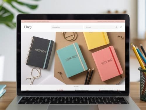 Not relevant, as the image shows a laptop with notebooks and stationery for website tools and products.