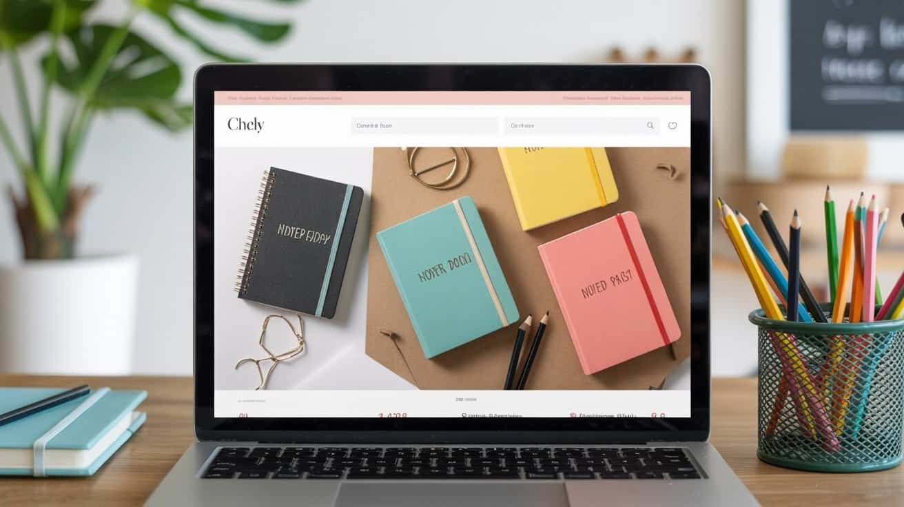 Not relevant, as the image shows a laptop with notebooks and stationery for website tools and products.