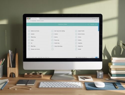 High-resolution image of a clean and organized workspace featuring an iMac computer displaying a website or project management tool, surrounded by stationery, plants, and office supplies on a wooden desk in a well-lit room.