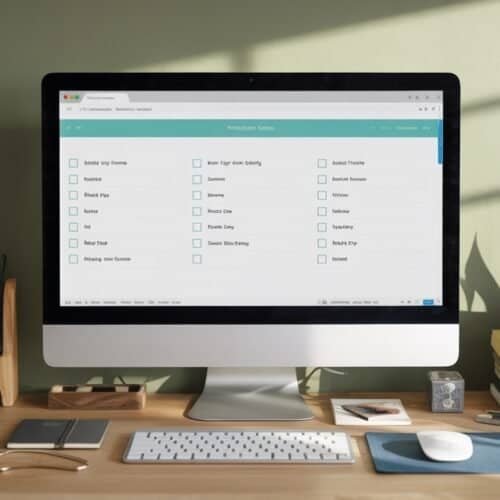 High-resolution image of a clean and organized workspace featuring an iMac computer displaying a website or project management tool, surrounded by stationery, plants, and office supplies on a wooden desk in a well-lit room.