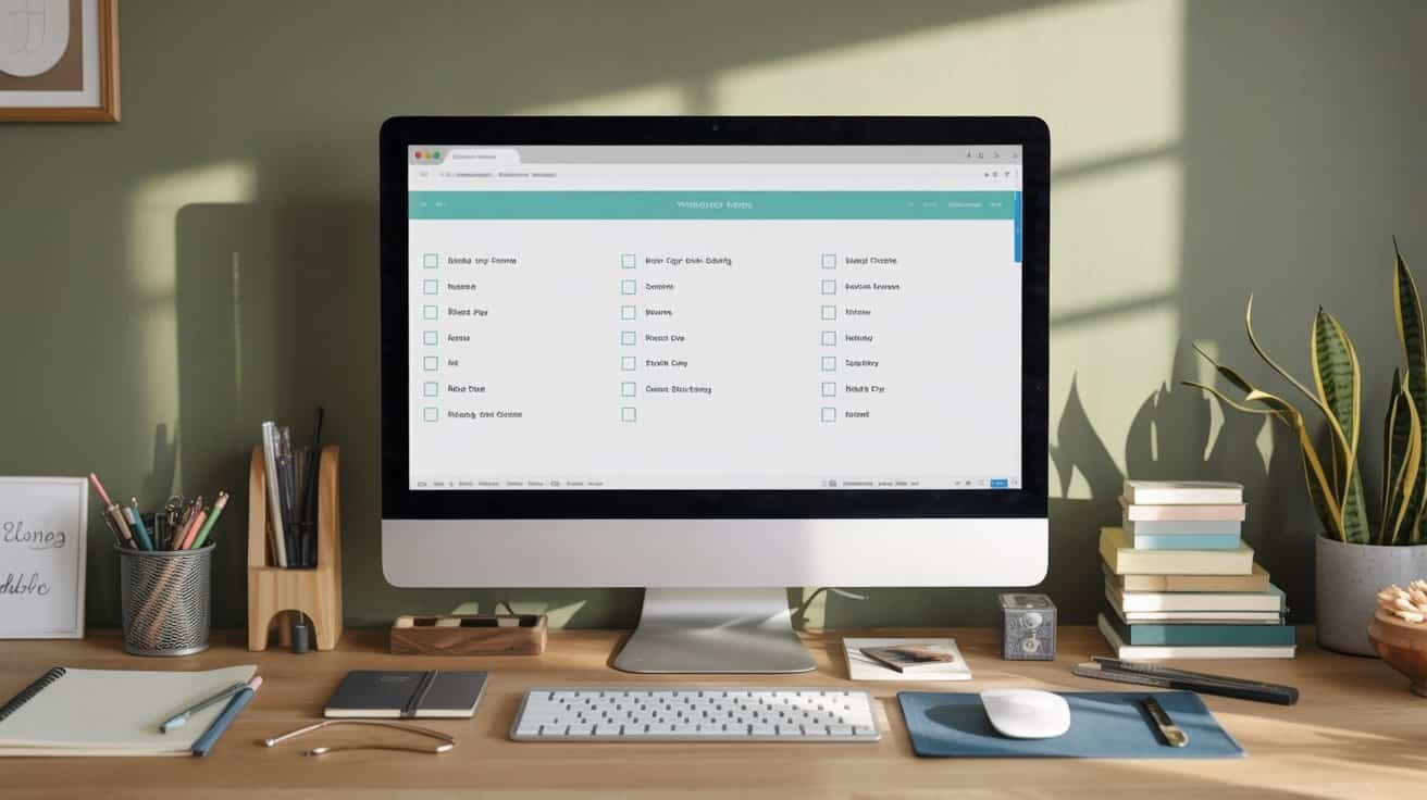 High-resolution image of a clean and organized workspace featuring an iMac computer displaying a website or project management tool, surrounded by stationery, plants, and office supplies on a wooden desk in a well-lit room.