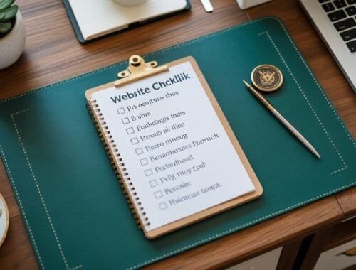 Checkliste für Website-Checkliste auf einem Notizblock, mit Stift, Laptop, Kaffeetasse und Pflanzen auf einem Holzschreibtisch, symbolisiert Website-Optimierung und Online-Tools.