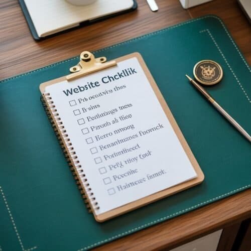 Website Checklist for Tailoring Shop 5 Checkliste für Website-Checkliste auf einem Notizblock, mit Stift, Laptop, Kaffeetasse und Pflanzen auf einem Holzschreibtisch, symbolisiert Website-Optimierung und Online-Tools.