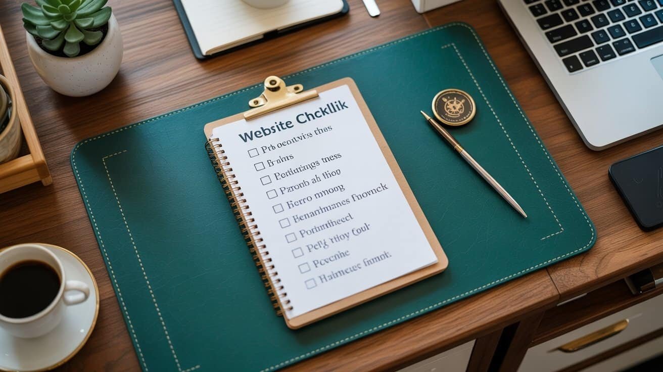 Checkliste für Website-Checkliste auf einem Notizblock, mit Stift, Laptop, Kaffeetasse und Pflanzen auf einem Holzschreibtisch, symbolisiert Website-Optimierung und Online-Tools.