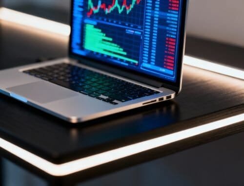 High-tech laptop displaying financial stock market charts with colorful graphs and data, placed on a sleek dark desk with modern lighting for analysis and trading.
