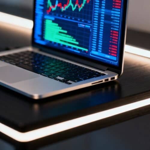 High-tech laptop displaying financial stock market charts with colorful graphs and data, placed on a sleek dark desk with modern lighting for analysis and trading.