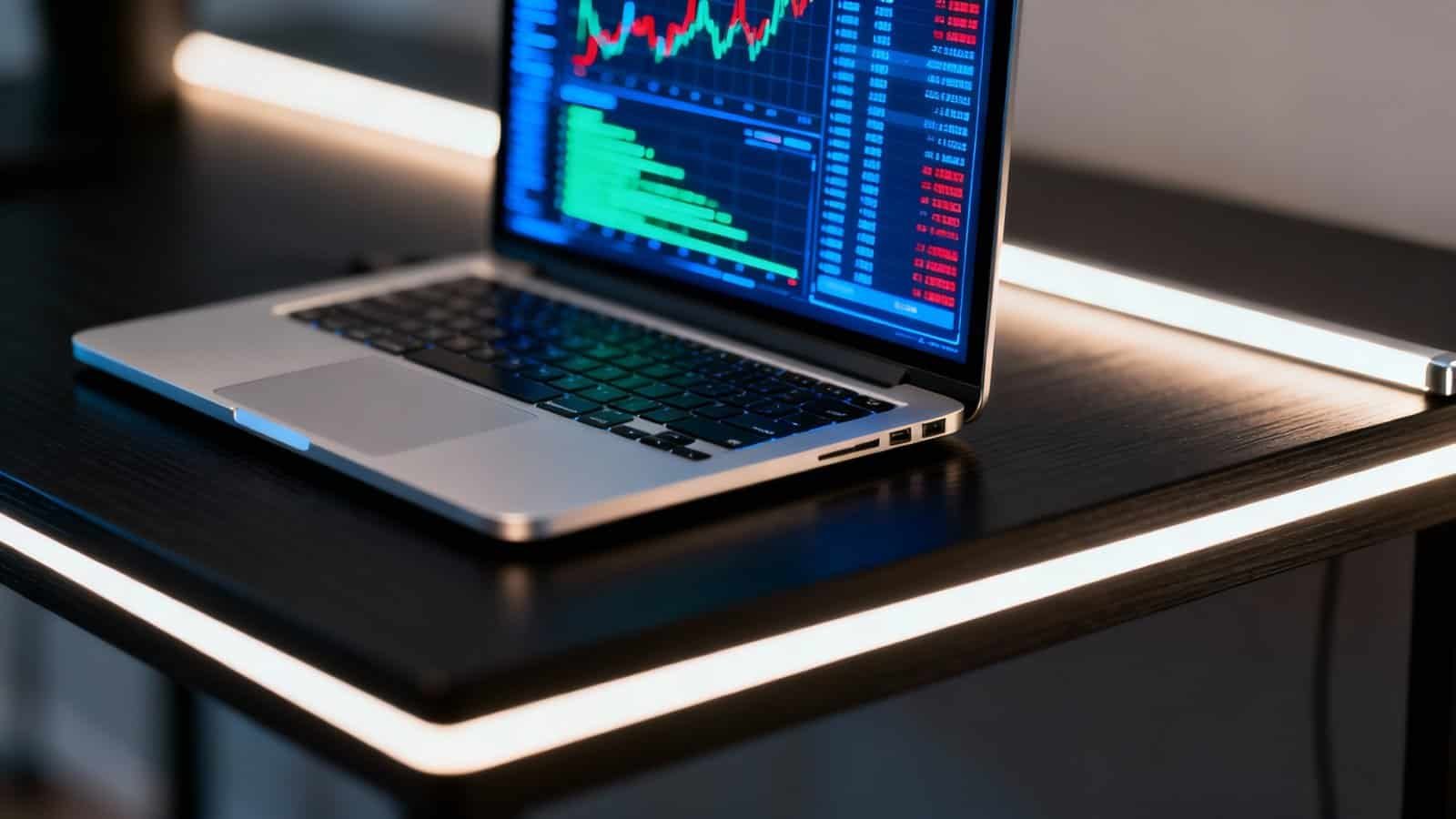 High-tech laptop displaying financial stock market charts with colorful graphs and data, placed on a sleek dark desk with modern lighting for analysis and trading.
