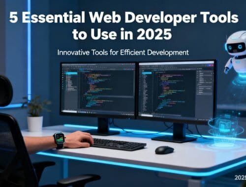 AI-powered robot floating near dual monitors displaying programming code, modern tech workspace with glowing blue accents, illustrating essential web development tools for 2025.