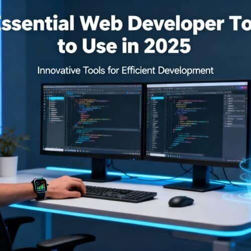 AI-powered robot floating near dual monitors displaying programming code, modern tech workspace with glowing blue accents, illustrating essential web development tools for 2025.