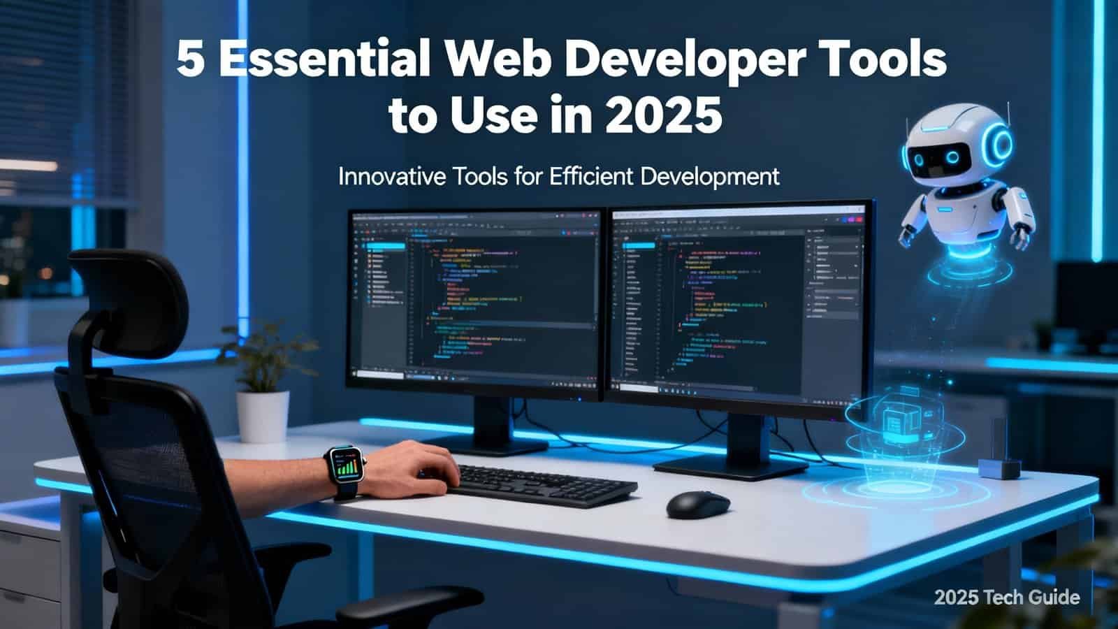 AI-powered robot floating near dual monitors displaying programming code, modern tech workspace with glowing blue accents, illustrating essential web development tools for 2025.