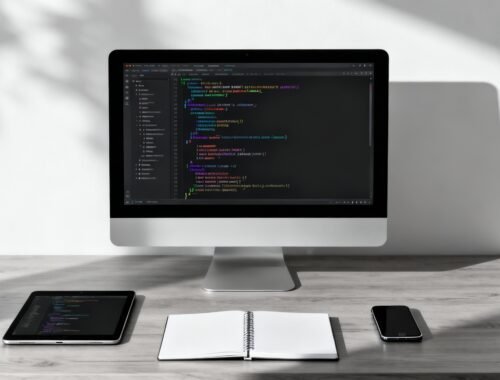 Code editing on desktop computer with an open programming interface and related devices.