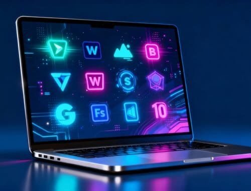 Neon digital software icons displayed on a sleek laptop screen for website tools and products.