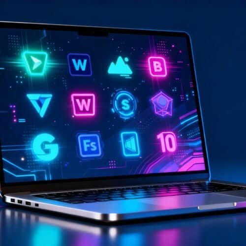 Neon digital software icons displayed on a sleek laptop screen for website tools and products.