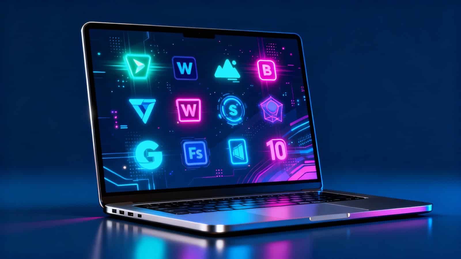 Neon digital software icons displayed on a sleek laptop screen for website tools and products.