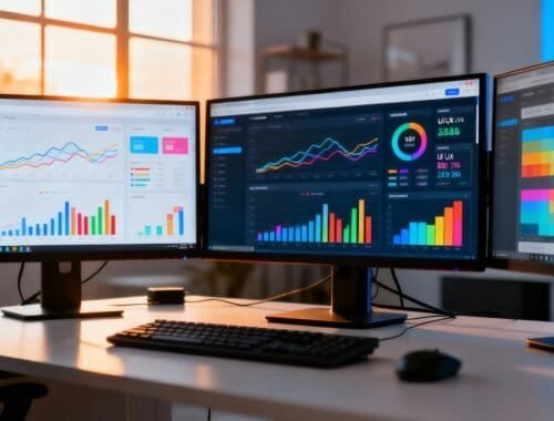 Charts and graphs displaying website analytics and performance metrics on three computer monitors in a modern office setting.