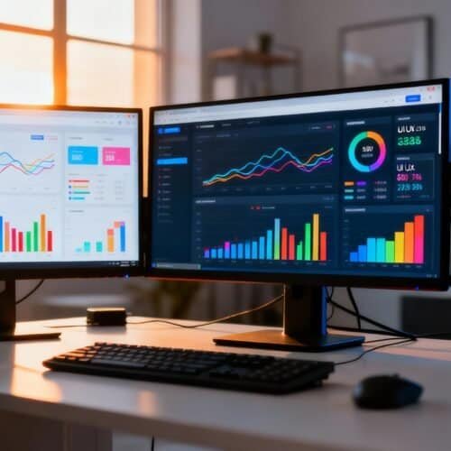 Charts and graphs displaying website analytics and performance metrics on three computer monitors in a modern office setting.
