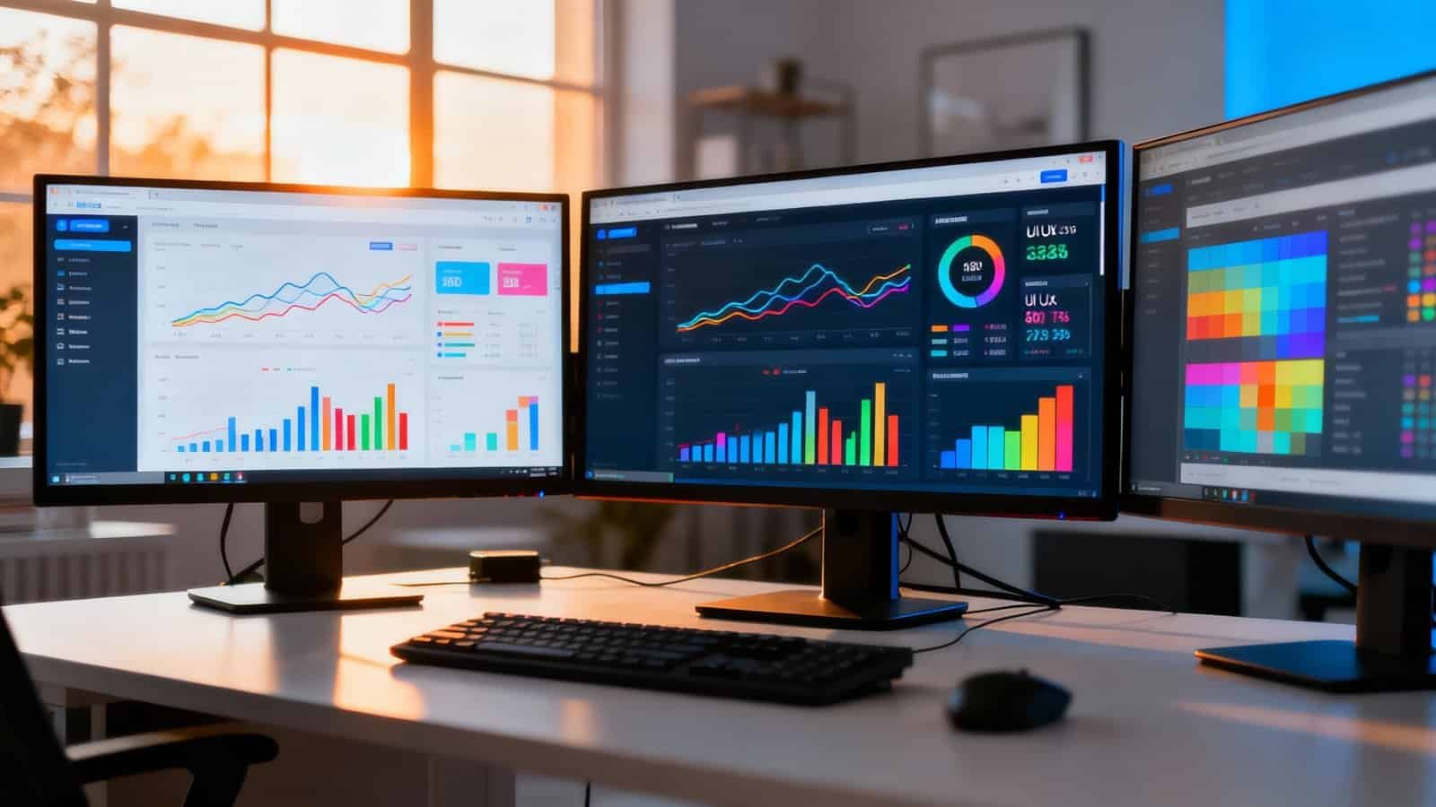 Charts and graphs displaying website analytics and performance metrics on three computer monitors in a modern office setting.