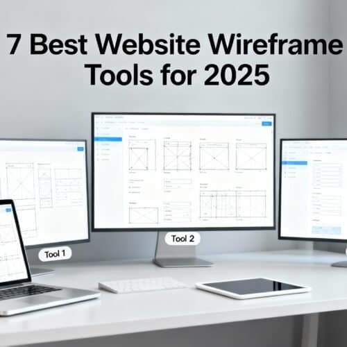 Detailed wireframe designs displayed on multiple monitors showcasing website layout planning and prototyping tools for 2025.