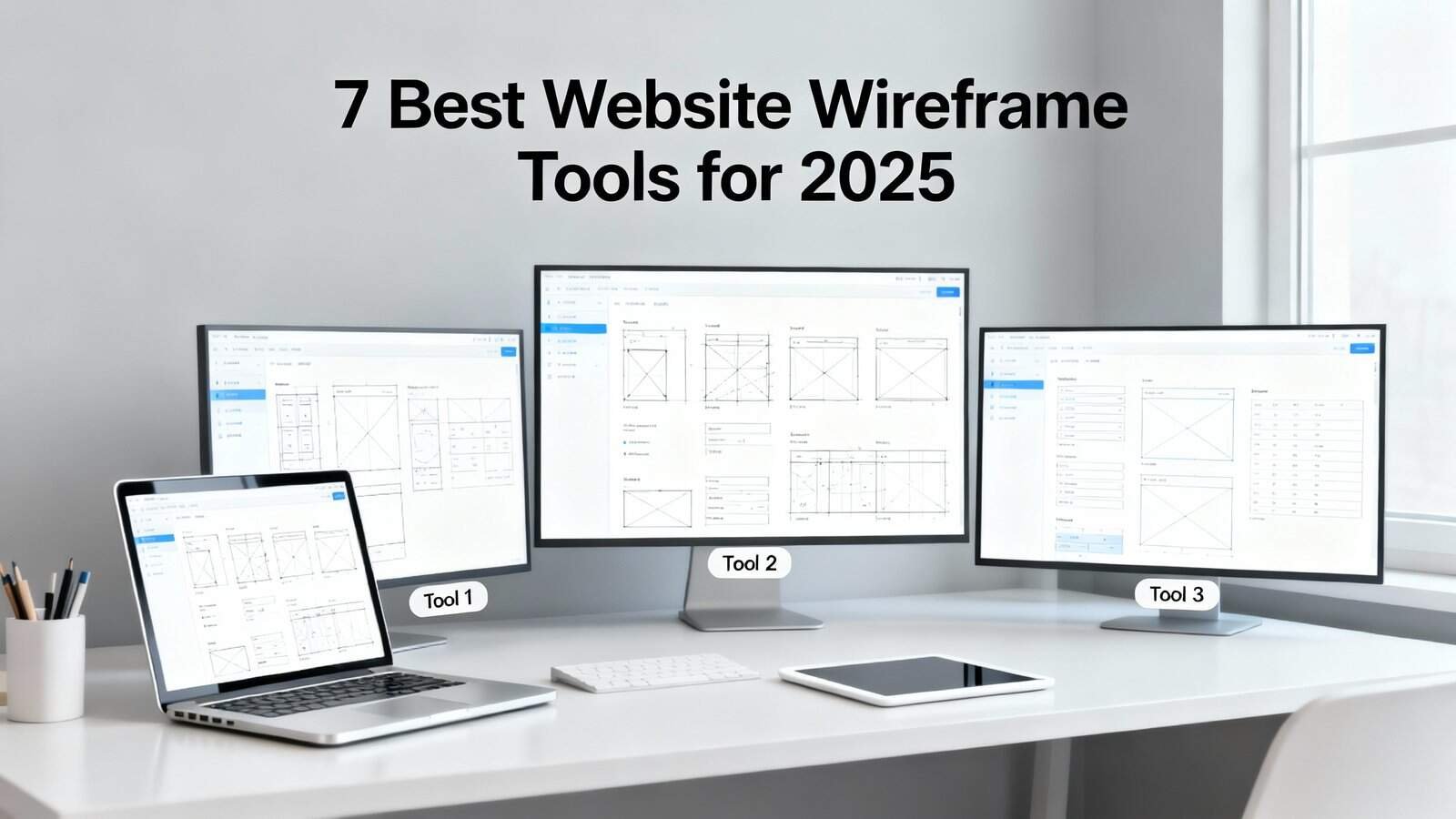 Detailed wireframe designs displayed on multiple monitors showcasing website layout planning and prototyping tools for 2025.