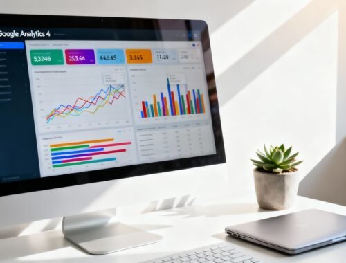 Colorful Google Analytics dashboards displaying website traffic data on an iMac screen in a bright workspace.